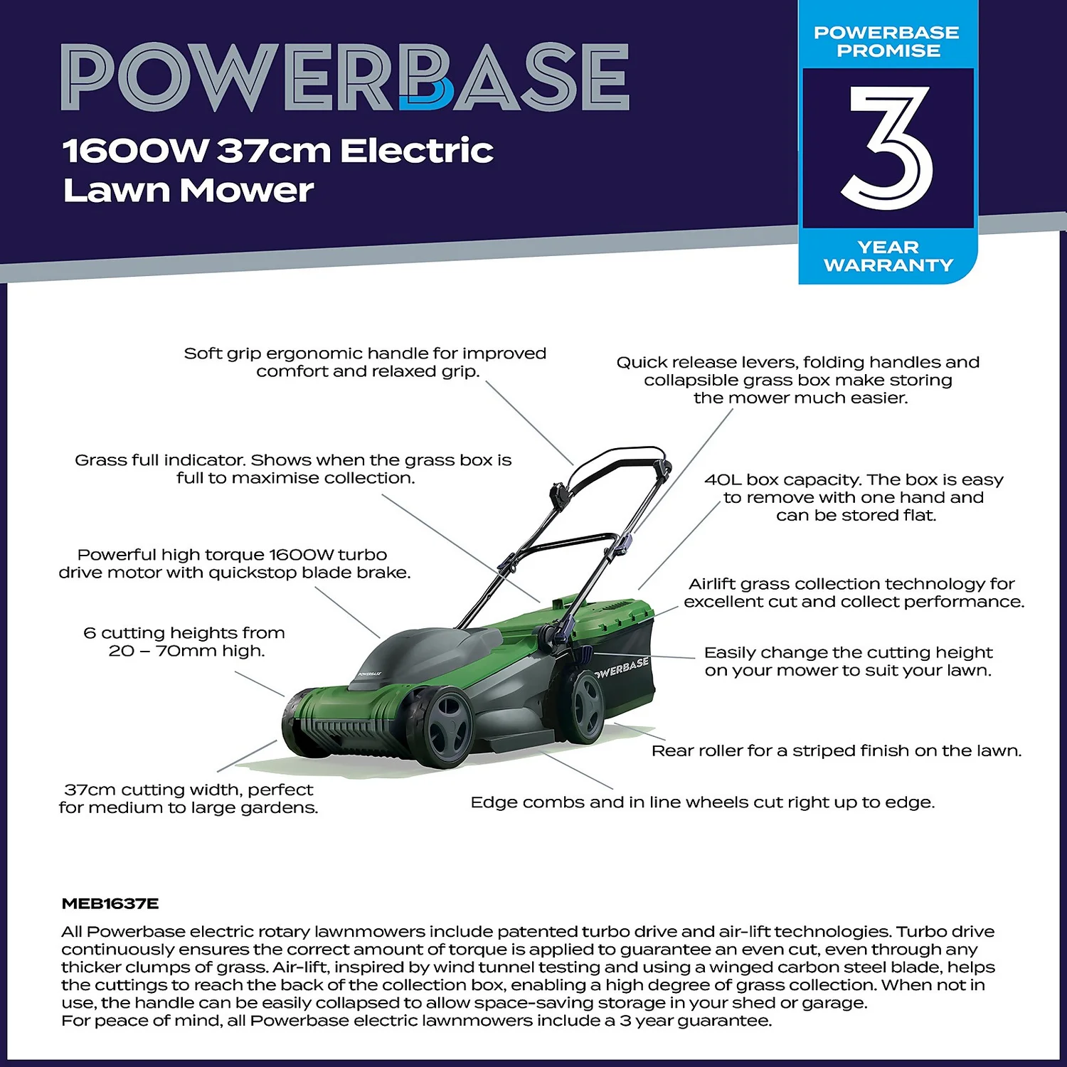 Powerbase 1600W Electric Lawn Mower - 37cm - Image 2