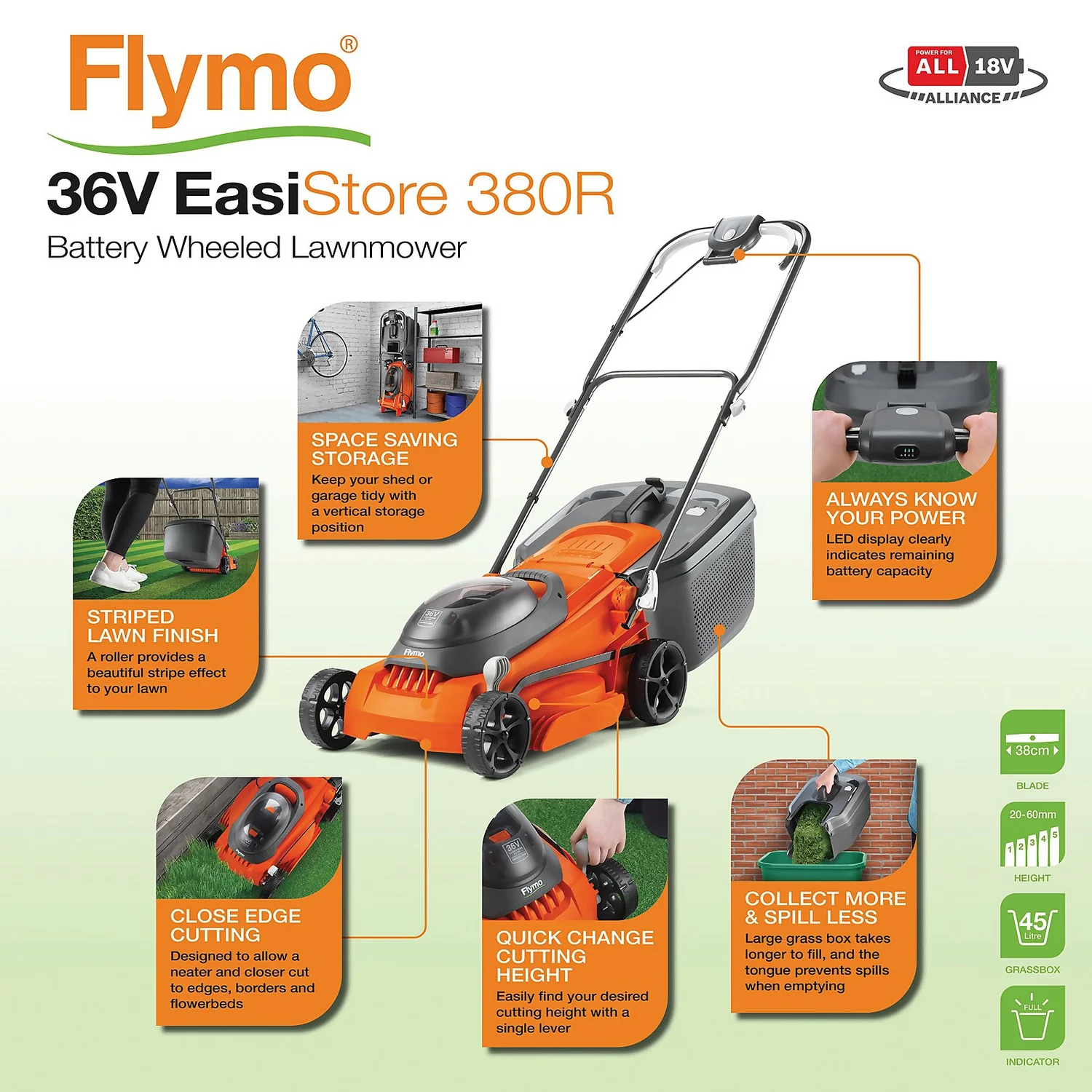 Flymo 36V EasiStore 380 Cordless Lawn Mower - 38cm - Image 2